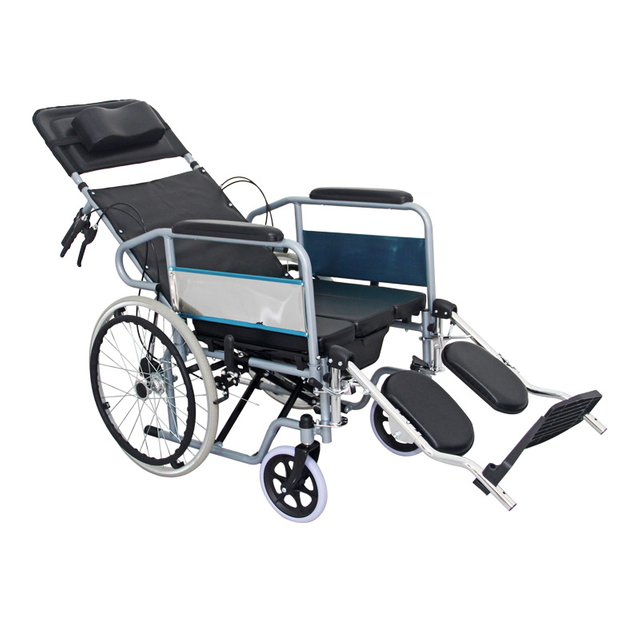 Recliing high back steel commode wheelchair
