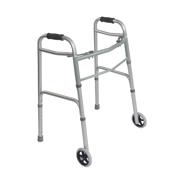 Aluminum Adjustable Lightweight Dual Button Folding Mobility Walking Aid Walker with 5-inch Wheels FY967LW